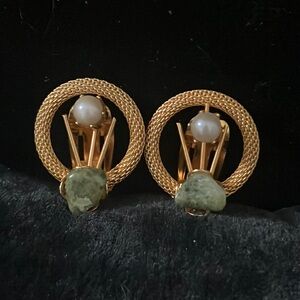 Vintage Gold-tone Continental Clip-on Costume Earrings with Green Bead & Pearl